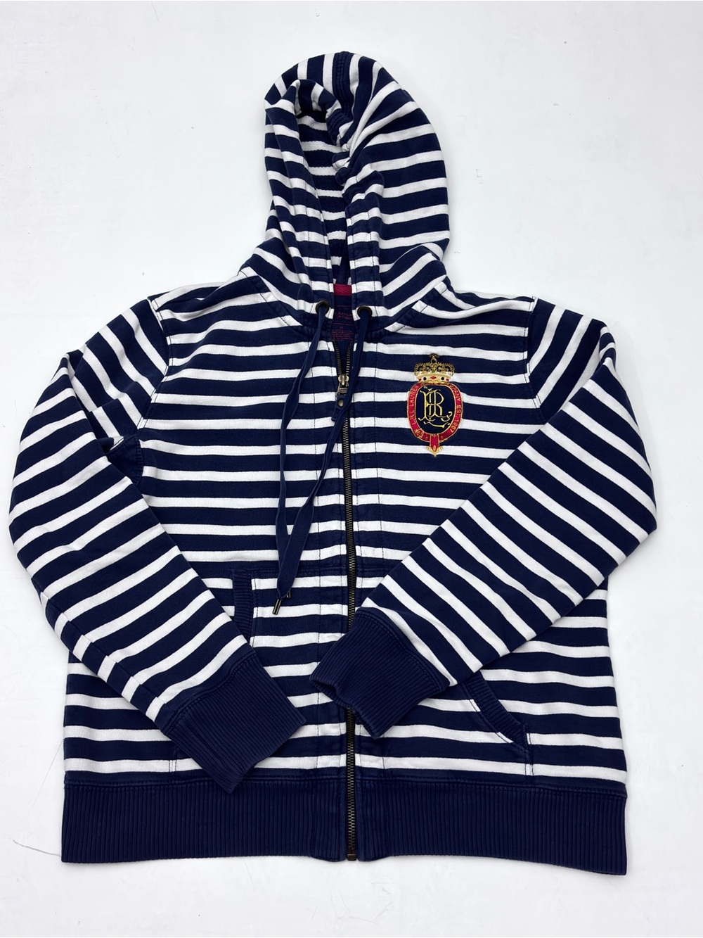 Vintage Ralph Lauren Jeans Striped Hoodie Embroidered Crest Navy White Medium